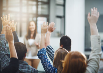 Aufkleber - Seminar, audience from back with hands up for questions and answers at training presentation or meeting. Feedback, opinion and ideas, group of people at conference, hand in air and talk at tradeshow.