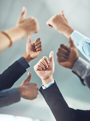 Poster - Business people, hands and thumbs up in teamwork for winning, success or company goals at office. Hand of employee group showing thumb emoji, yes sign or like for team unity, win or victory together