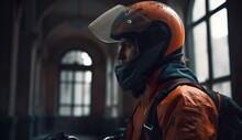 Biker Wearing Orange Motorcycle Helmet And Jacket, Architectural Style  - Created With Generative AI Technology