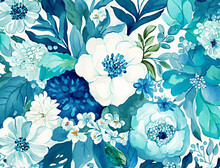 Blue Green Bloom Floral Pattern Background. Painting Blossom Garden Flower And Leaf. Generative AI
