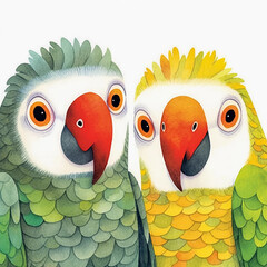 Portrait of two parrots on white background. Cartoon illustration. Generative AI