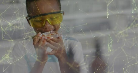 Poster - Animation of networks over happy african american schoolboy studying petri dish in science class