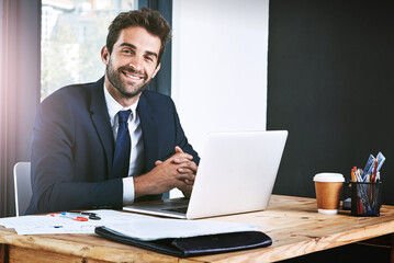 Wall Mural - Computer, portrait and business man in office, happy planning, accounting review or finance mindset with website. Face of professional person, financial expert or accountant working on laptop tech