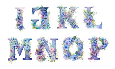 Watercolor cute letters with spring wildflowers. Pastel pink, blue, violet, lilac colors. Simple flowers, green leaves. Сapital letters of the English alphabet: i, j, k, l, m, n, o, p. AI generated