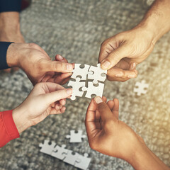 Aufkleber - Hands, team and puzzle for teamwork or collaboration of business people for challenge or project. Above group of employees or friends building jigsaw together for solution, synergy or problem solving