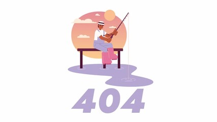 Poster - Fishing in sunset 404 animation. Animated african american fisherman on dock. Empty state 4K video concept footage, alpha channel transparency. Color page not found flash message for UI, UX web design