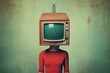 Inverted TV on a person's head, in the style of vintage atmosphere, dark green and red. Generative AI