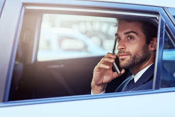 Poster - Phone call, serious and business man in car, thinking and listening on journey. Cellphone, taxi and male professional calling, travel and communication, discussion or conversation in transport mockup