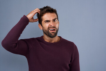 Aufkleber - Doubt, confused and portrait of man with puzzled, uncertain and scratch head on gray background. Thinking, mockup space and face of male person worried for decision, choice and question in studio