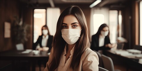 Young girl in a medical mask close-up. Young people with face masks went back to work or school in the office after isolation. Generative AI