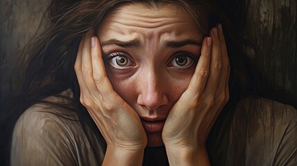 Frightened, frustrated crying girl close up covers her face with her hands. Strong emotions expressed on the face. Generative AI