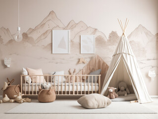 Stylish scandinavian kid room with toys, teddy bear, plush animal toys, mint armchair, umbrella, cotton balls. Modern interior with eucalyptus background walls, Generative AI