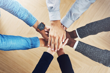 Poster - Above, mission or hands of business people in support for faith, teamwork or partnership in office. Vision, diversity or employees in group collaboration with hope or strategy for goals together