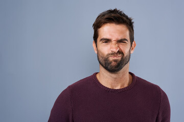 Aufkleber - Doubt, unsure and portrait of man in studio with doubtful, uncertain and thoughtful on gray background. Thinking, mockup space and face of male person skeptical for decision, choice and question