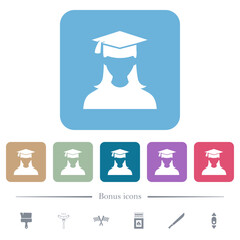 Sticker - Graduate female avatar flat icons on color rounded square backgrounds