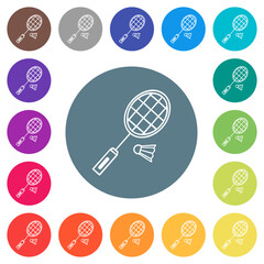 Poster - Badminton racket and shuttlecock outline flat white icons on round color backgrounds