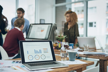 Poster - Digital data, office and laptop with graphs for business, trading and financial work. Coworking, technology and a computer screen with stats, data and information on the economy or growth of company