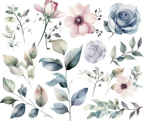 Wall Mural - Set of watercolor flowers leaves and twigs on a white background,ai