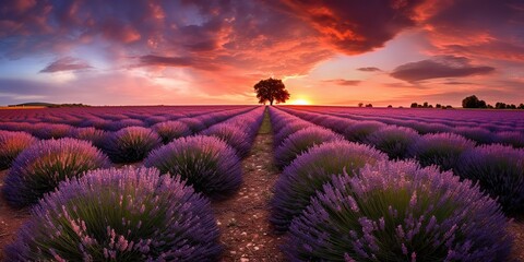 AI Generated. AI Generative. Photo realistic illustration of pink romantic farm lavendar field landscape. Graphic Art