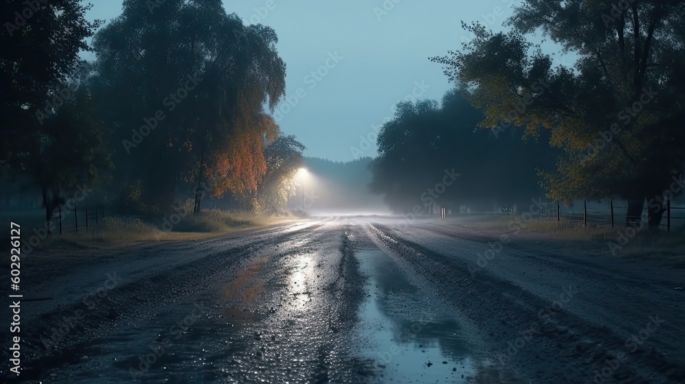 Empty illuminated country asphalt road through village and trees in a ...