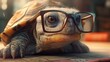 Turtle with glasses, teacher concept illustration. Old tortoise love reading. Wildlife animal background. Generative AI