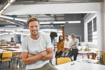 Aufkleber - Man, startup and modern office in portrait, arms crossed or smile with excited face for career. Young businessman, creative professional person or sitting on table in workplace with web design job