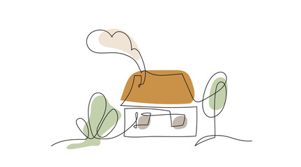 Poster - House in continuous line art drawing style with organic color shapes