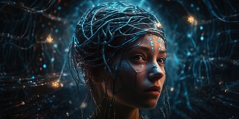 Wall Mural - A woman's head with electronic components, cables and technology, futuristic humanoid. Portrait of AI in the form of a girl. A pretty cyborg woman half human half robot. Generative AI