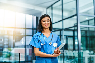 Canvas Print - Health care, confidence and woman, portrait of nurse or doctor with tablet in hospital for support in medical work. Healthcare career, wellness and medicine, confident nursing professional with smile