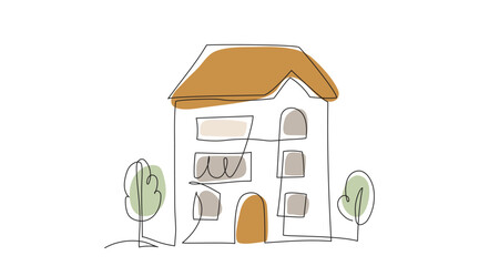 Poster - House in continuous line art drawing style with organic color shapes