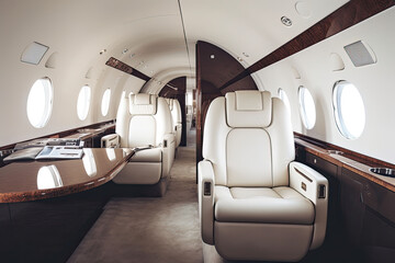 Luxury interior in the modern business jet and sunlight in the porthole. Generative AI