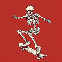 Skeleton Skateboarding On A Skateboard Of Dark White And Light Red AI Generated Image