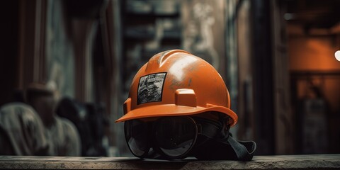 Dirty orange construction hard hat. Orange helmet left by workers at a construction site against a concrete floor in the background. Dirty protective helmet. Generative AI