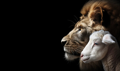 Profile of Lion and White Lamb Isolated on Black Background. AI generative