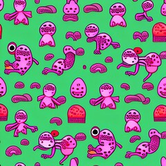 Wall Mural - Seamless pattern of cute frog cartoon background. Reptile. Baby clothes. - generative ai
