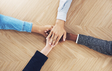 Poster - Teamwork, above or hands of business people in support for faith, community or strategy plan in office. Vision, diversity or employees in group collaboration with hope or mission for goals together