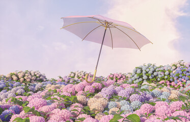 Leinwandbilder - Hydrangea flower field with an umbrella. 3d rendering.