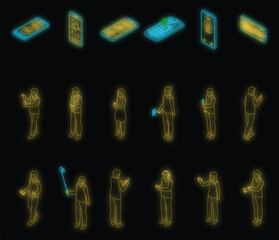 Poster - using smartphone icons set. isometric set of using smartphone vector icons neon color on black