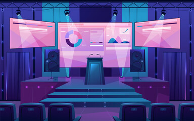 Poster - Modern concert stage with screen illuminated by spotlights, flat cartoon. Vector podium stage with truss, music and light equipment. Empty scene for rock festival, show, performance or presentation