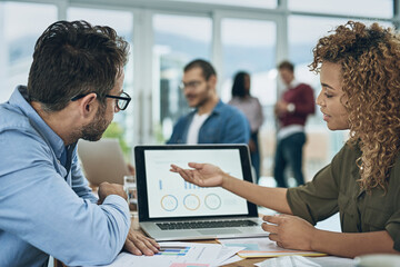 Poster - Laptop, finance and graph with a business team doing research together in their office for planning. Computer data or chart with a man employee and woman colleague meeting to discuss strategy