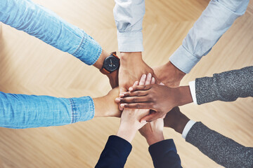 Poster - Above, partnership or hands of business people in stack for support, teamwork or planning in office. Motivation, diversity or employees in group collaboration with hope or mission for goals together