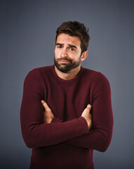 Aufkleber - Doubt, shrug and portrait of man in studio unsure against a grey background space. Confused, face and shrugging male with dont know expression, puzzled and pensive with choice and decision isolated