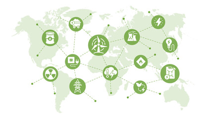 Energy icons composition. Infographics electrical map of world. Nuclear power and water station, wind generator. Gasoline, oil, power and energy. Poster or banner. Flat vector illustration