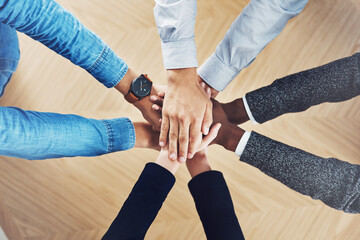 Poster - Teamwork, partnership or hands of business people in support for faith, vision or strategy in office. Above, diversity or employees in group collaboration with hope or mission for goals together