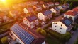 Aerial drone view of modern residential area with solar photovoltaic panels