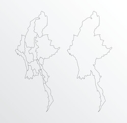  Black Outline vector Map of Myanmar with regions on white background