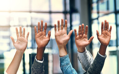 Poster - Business people, hands together and question in a office meeting with diversity and at work. Collaboration, teamwork and solidarity of staff with arms and hand raised in a workplace with company team