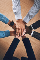 Poster - Teamwork, partnership or hands of business people in support for faith, vision or strategy in office. Above, diversity or employees in group collaboration with hope or mission for goals together