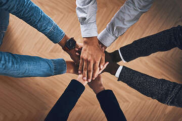 Poster - Above, strategy or hands of business people in support for faith, teamwork or partnership in office. Vision, diversity or employees in group collaboration with hope or mission for goals together