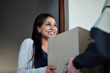 Poster - Happy, woman and courier with a package, delivery and distribution with a box, supply chain and ecommerce. Female person, customer and client with employee, worker and shipping with parcel and order